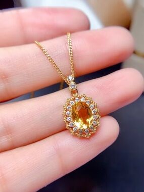Gold Citrine Halo Pendant Necklace